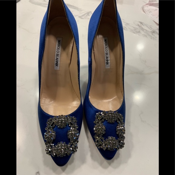 Manolo Blahnik Shoes - Manolo Blahnik Blue Satin Hangisi Jeweled Pump